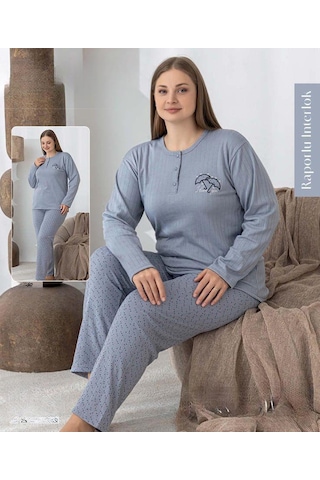 Boyraz Lindros Kadın Düğme Yaka Raporlu İnterlok Kışlık Battal Pijama Takımı 0385 - 1 Adet Mavi