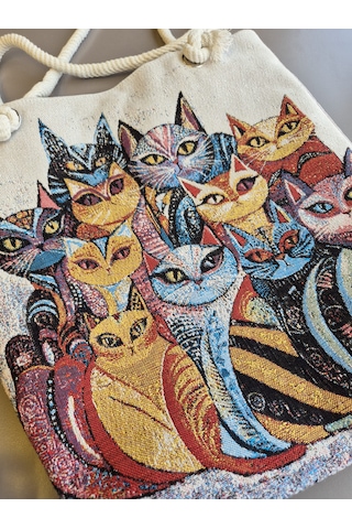 Genel Markalar Goblen Kadın Omuz Çantası+ Kedi Desen2 Krem.karışık Renkli Desenli