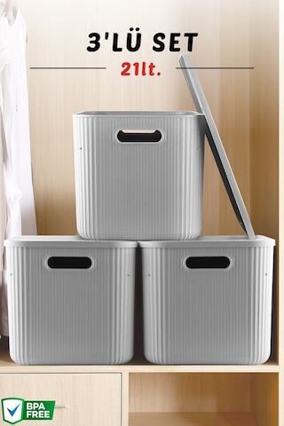 3'lü Set Çok Amaçlı Düzenleyici Depolama Kutusu Gri 21lt