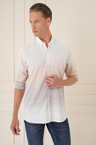 Efor Comfort Fit Degrade Desen Apoletli %100 Keten Bej Gömlek G 1572 Bej