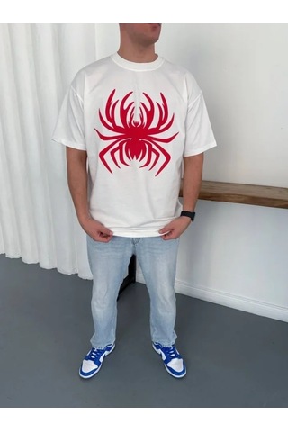 Defymoda Erkek Örümcek Baskılı Tişört Kısa Kollu Bisiklet Yaka T-shirt - Beyaz