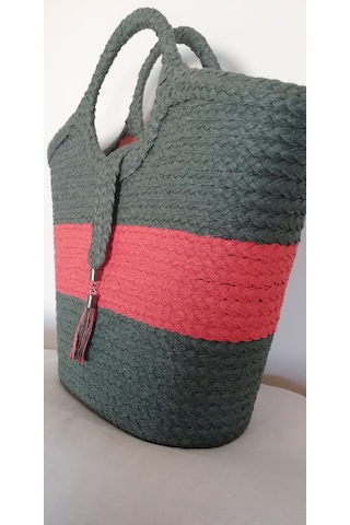 Durush Collection El İşçiliği Tek Üretim Plaj Çantası Haki Yeşil-turuncu