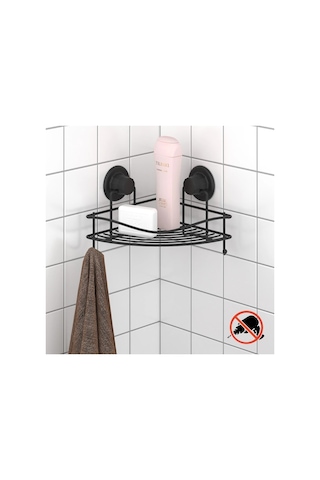 Vakumlu Banyo Duvar Rafı Şampuanlık Kancalı Köşe Rafı Siyah Siyah