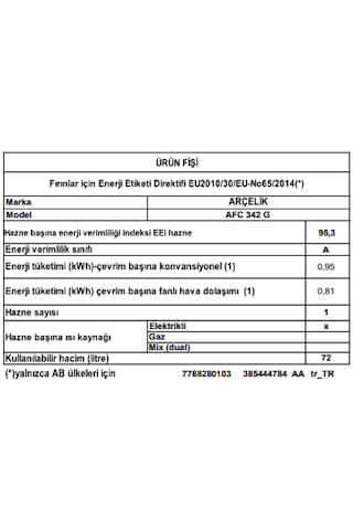 Arçelik AFC 342 G A Fry 72 L Ankastre Fırın