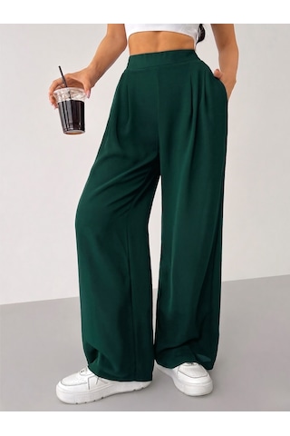 Genius Store Kadın Pantolon Scuba Krep Kumaş Beli Lastikli Cepli Pileli Geniş Paça Palazzo Pantolon Scuba-crep Yeşil