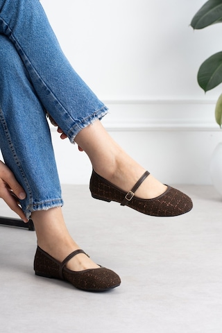 Shoetek Sawra Kadın Babet Önden Bantlı Tokalı Keten Dokumalı Kahverengi Kahve Çizgili