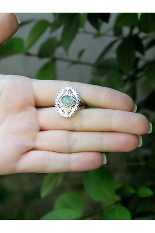 Doğal Taş Yeşil Akik Doğal Taşlı Telkari Modelli Kadın Ayarlanabilir Gümüş Kaplama Yüzük Euy65yar Yeşil