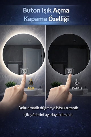 Digital Hayat Dokunmatik Dimlenebilir Beyaz Led Işıklı Yuvarlak Ayna Dekoratif Banyo Makyaj Aynası Beyaz