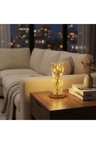 Silindirik Kristal Altın Toz Model Led Masa Lambası Gold Tabanlı, Dokunmatik, 3 Renk Işık Modlu, Ş Çok Renkli
