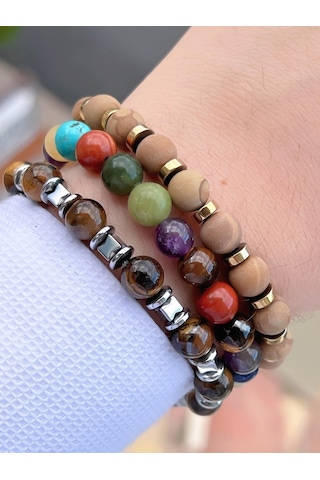 Nursaat Doğal Taş Özel Kombin Kaplan Gözü-çakra-oniks Oluşumu Doğal Unisex Enerji Bilekliği Blkt.ns02 3 Adet Çok Renkli