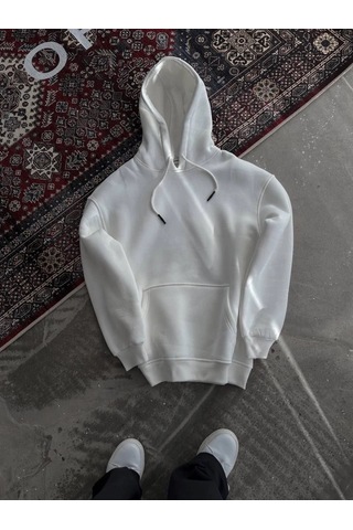 Vexor Kapşonlu Üç İplik Penye Basic Sweatshirt - Beyaz