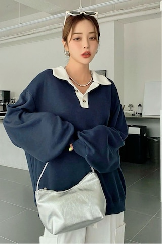 Nimas Kadın Oversize Polo Yaka 3 İplik Şardonlu Sweatshirt Lacivert - 675774194 Lacivert