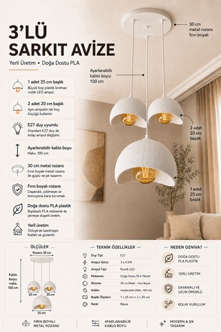 Beton Görünümlü 3'lü Sarkıt Avize Bohem Modern İskandinav Salon Yemek Masası Rustik Led Ampul Hediyeli Beyaz