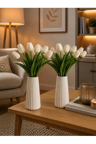 2'li Modern Dekorasyon İçin Şık Beyaz Çizgili Seramik Çiçek Vazo 19cm - Minimal Ve Zarif Vazo Modeli