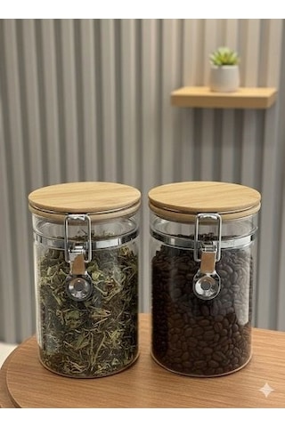 Morponi 2'li Borosilikat Cam Bambu Kapaklı Kelepçeli Kavanoz 1000 Ml Şeffaf