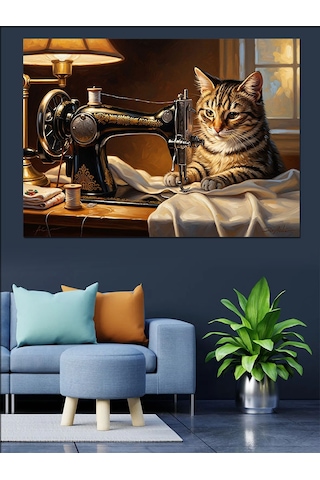 Ahşap Tablo Dikiş Makinesi Ve Meraklı Kedi