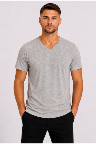 Axxel Erkek Toprak Melanj Pamuklu V Yaka Kısa Kollu T-shirt-d804