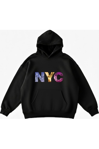 Maki Home Makiteks Siyah Pamuklu Unisex Cepli Kapüşonlu Rahat Kesim New York City Nyc Baskılı Sweatshirt SiYAH