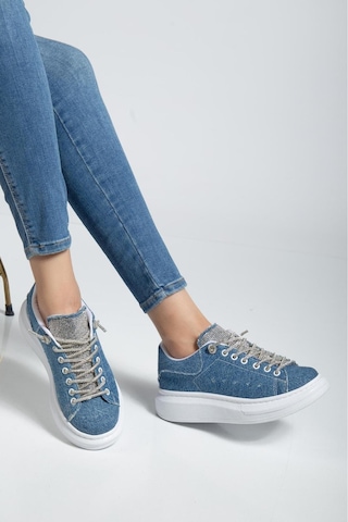 Erceka Taşlı Günlük Kullanıma Uygun Kadın Spor Ayakkabı Sneaker Bağcıklı Su Geçirmez Siyah-beyaz-mavi Taşlımavikot