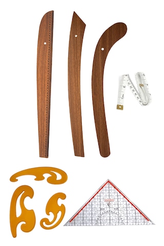 6 Parça Set 3 Lü Modelist Riga Cetvel Seti, Modelist Gönyesi, Pistole Cetvel Ve 150 Cm Mezura Ahşap