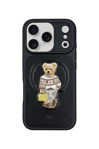 Zuckbear iPhone 17 Pro İçin Kılıf 3d Figürlü Pu Deri Yüzey Manyetik Şarj Destekli Kapak Aristo Siyah