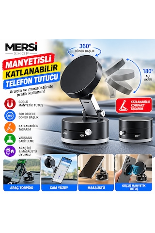 Mıknatıslı Katlanabilir Telefon Tutucu 360 Derece Döner Başlıklı Vakumlu Araç Torpido Cam Tutacağı Akrilik Siyah