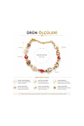 Doğal Deniz Kabuğu Nazar Boncuklu Kadın Halhal Ayarlanabilir Gold Zincir Detaylı 21 Cm Laci