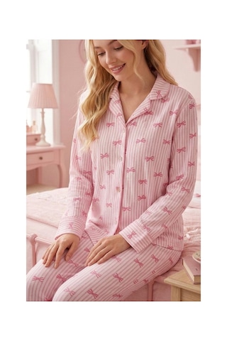 Fit Women Pembe Çizgili Kurdele Desenli Bürümçük Kumaş Uzun Kollu Pijama Takımı 6069