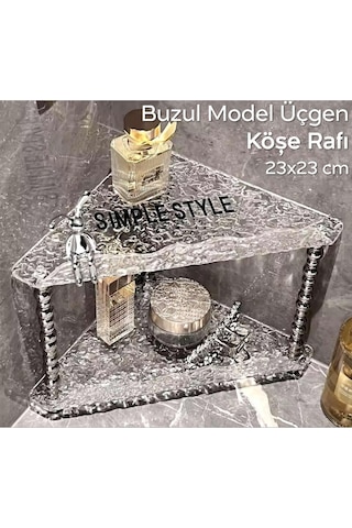 Kırık Cam Desenli Şeffaf 2 Katlı Köşe Rafı Dekoratif Model 23x23 Cm