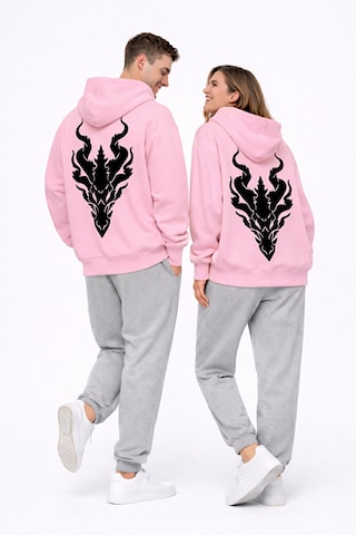 Nevermind Unisex Ejderha Baskılı Beyaz Sevgili Kombini Oversize Hoodie Seti Pembe