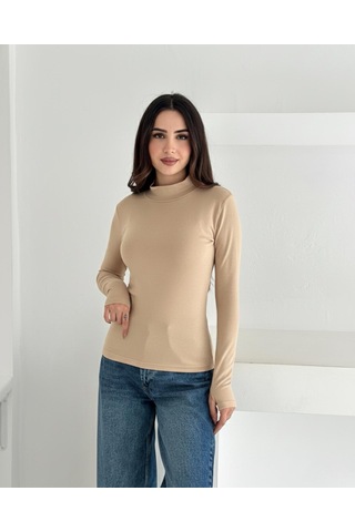 Kadın Yarım Balıkçı Yaka Parmak Geçmeli Full Likralı Buzz Body Krem