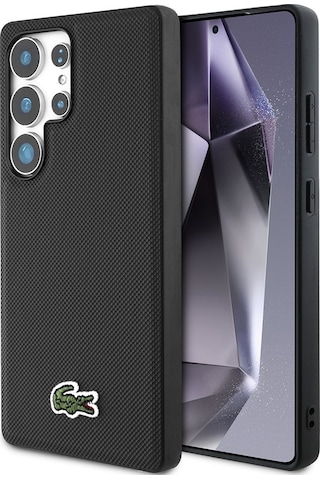 Galaxy Uyumlu S25 Ultra Kılıf Lacoste Lisanslı Pu Pike Desenli İkonik Timsah Dokuma Logolu Kapak Siyah