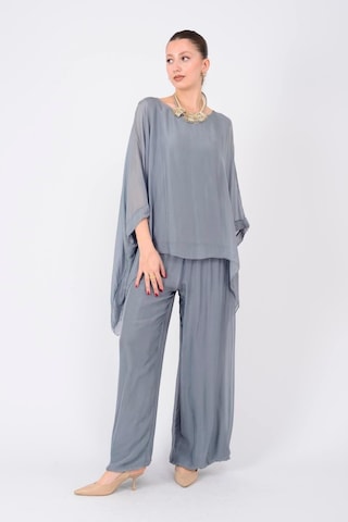 Bohem Stil İtalyan Yarasa Kol İpek Bluz & Pantolon Takım-8767 Koyu Gri