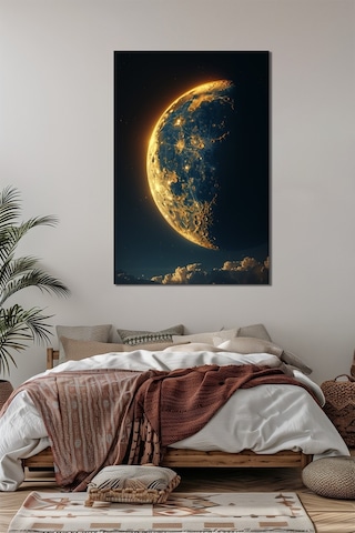 Ay Baskılı Cam Tablo Altın Detaylı Yarım Ay Gece Gökyüzü Duvar Tablosu