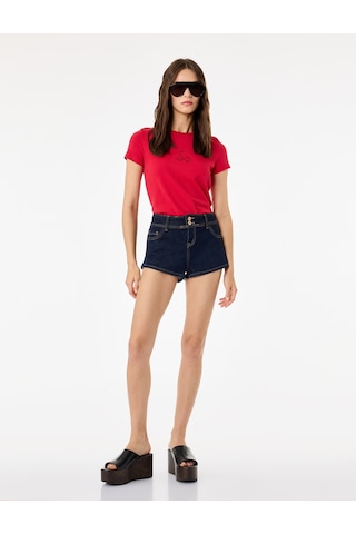 Koton Pamuklu Taş Detaylı Slim Fit Kısa Kollu Bisiklet Yaka Kirazlı Tişört Kırmızı 6sal10901ık