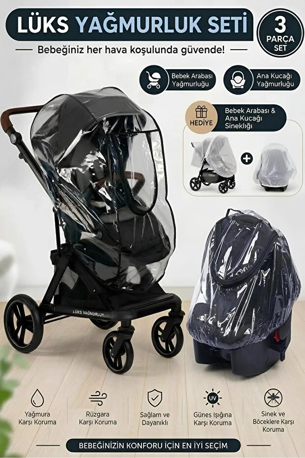 Lüks 3 Lü Set Bebek Arabası & Ana Kucağı Yağmurluğu + Sineklik Beyaz