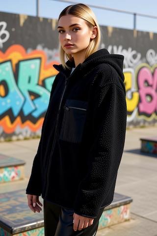 Benerly Kadın Dik Yaka Düşük Kol Tam Fermuarlı Peluş Sweatshirt Fonksiyon siyah