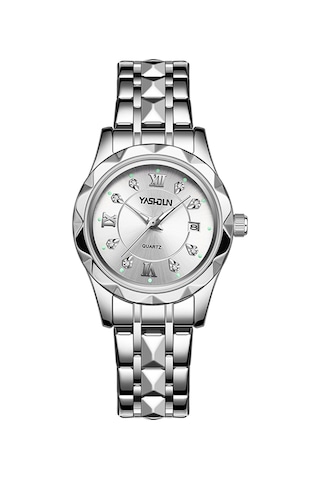 Yashıdun 5064 Şık Kadın Kuvars İzle Çelik Kayış Aydınlık Takvim Bilek Saati - Beyaz Kadran / Gümüş Kayış