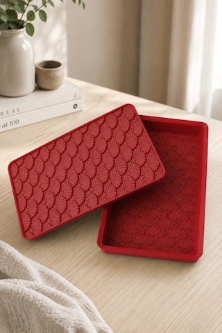Desenli Kapaklı Dekoratif Kutu Masa Üstü Organizer Takı Aksesuar Saklama Kutusu Pla 20x12.5 Cm Kırmızı