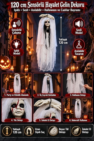 Halloween Cadılar Bayramı Sensörlü Işıklı Sesli Hayalet Gelin Asılabilir Büyük Korku Süsü 120 Cm Diğer