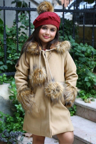 Riccotarz Kız Çocuk Kolları Ve Kapüşonu Kürk Detaylı Ponpon Bereli Kahverengi Kaşe Kaban 001