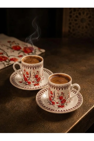 Çiçek Desenli Türk Kahvesi Fincan Takımı 2 Kişilik, Vintage Kahve Fincanı Seti Kiremit