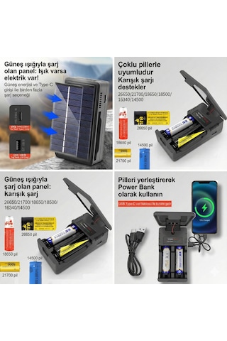 Güneş Enerjili Çoklu Pil Şarj Cihazı Ve Powerbank - 18650/26650 Uyumlu