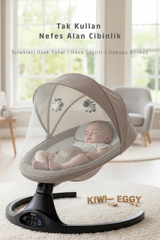 Kiwi Eggy Plus Elektrikli Otomatik Sallanan Bebek Ana Kucağı, 5 Farklı Sallanma Hızı, Oyuncaklı, Açık Gri