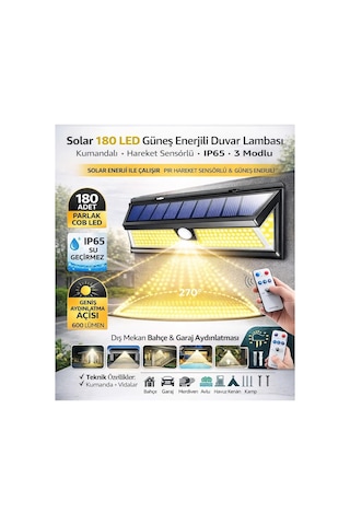 Solar 180 Led Güneş Enerjili Duvar Lambası, Kumandalı, Hareket Sensörlü, Ip65 Su Geçirmez, 3 Modlu, Dış Mekan B Çok Renkli