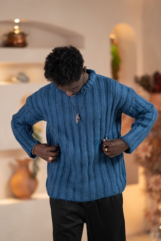 Oversize Kendinden Çizgili Pamuklu Kalın Triko Spor Kazak Indigo