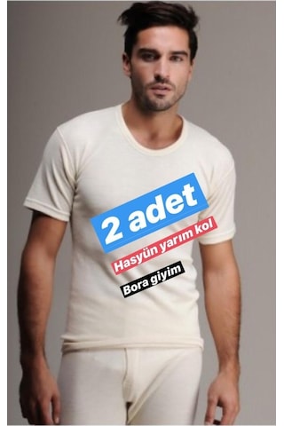 Hasyün Erkek Kısa Kol 2 Li Fanila Yün Içlik Termal Içlik Doğal