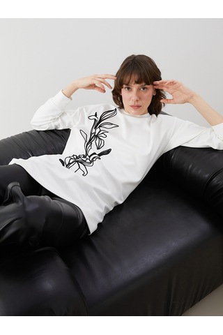 Lcwaıkıkı Classic Beyaz Bisiklet Yaka Baskılı Oversize Kadın Tunik