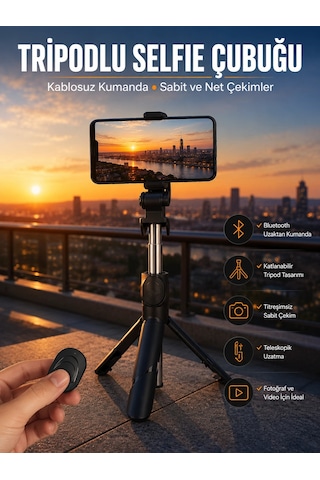 Selfie Çubuğu Tripod Kumandalı Telefon Tutucu Siyah 1 Adet