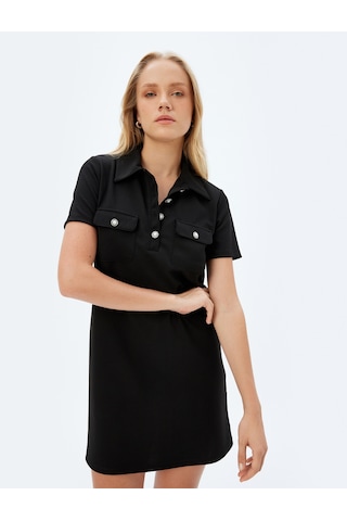 Koton Polo Yaka Elbise Mini Boy A Kesim Kısa Kollu İnci Düğme Ve Cep Detaylı Siyah 5sak80042ek Siyah